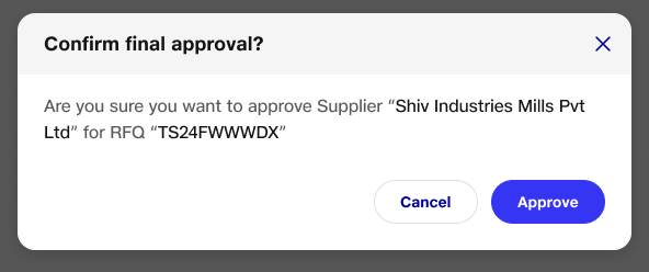 Buyer confirmation titled Confirm final approval, identifying the supplier and RFQ before the final Approve action.