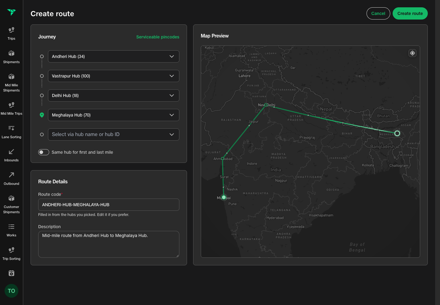 Live desktop TMS route builder with four ordered hubs, generated route details and the full map preview