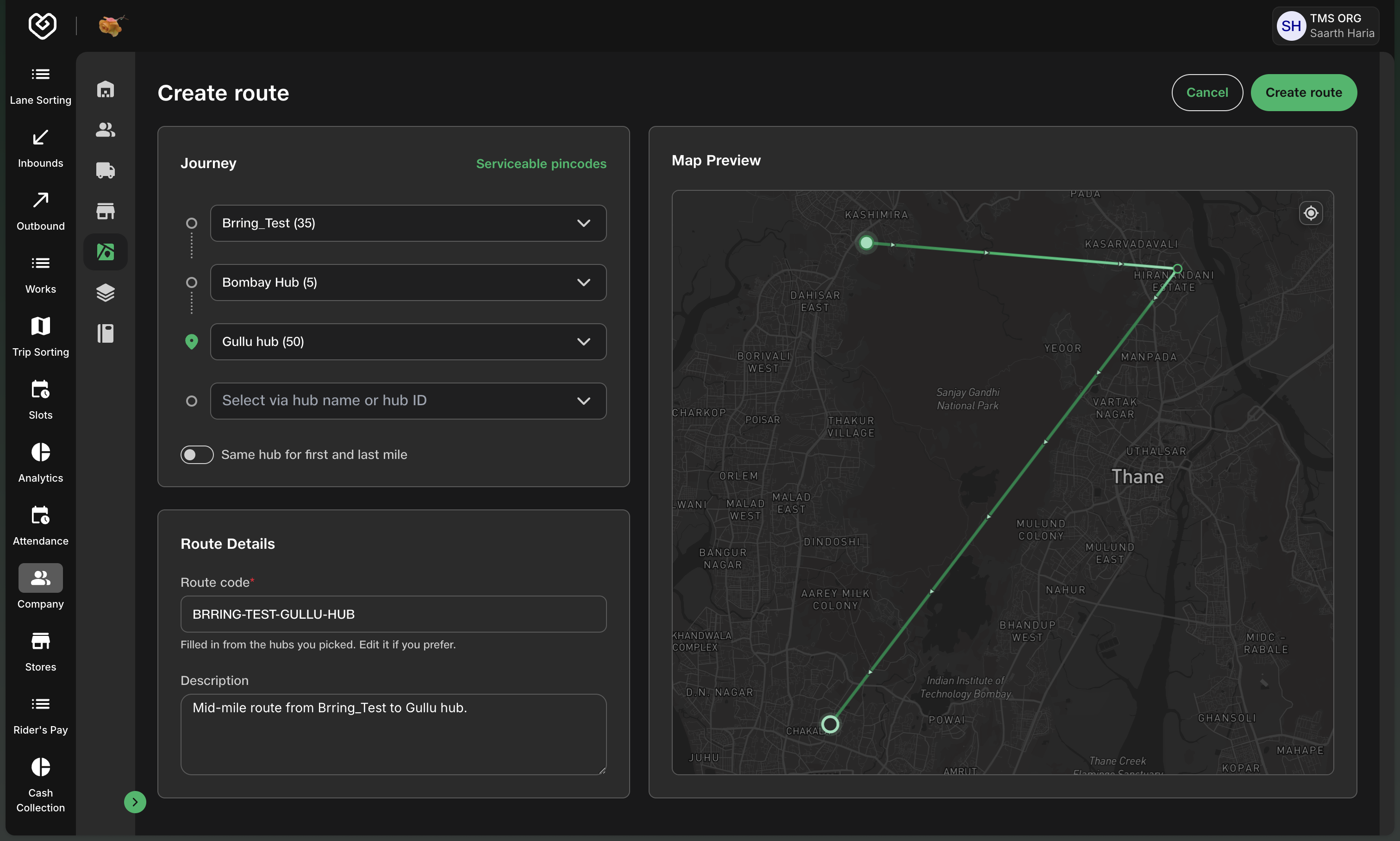 TMS route builder with three hubs in travel order, Bombay Hub as the intermediate stop, an editable route code and a map showing the connected journey.