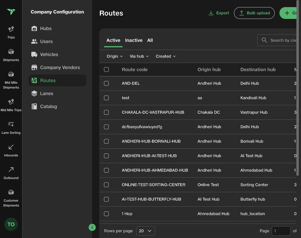 Live TMS routes inventory with status tabs, search, filters, journey columns, and route rows